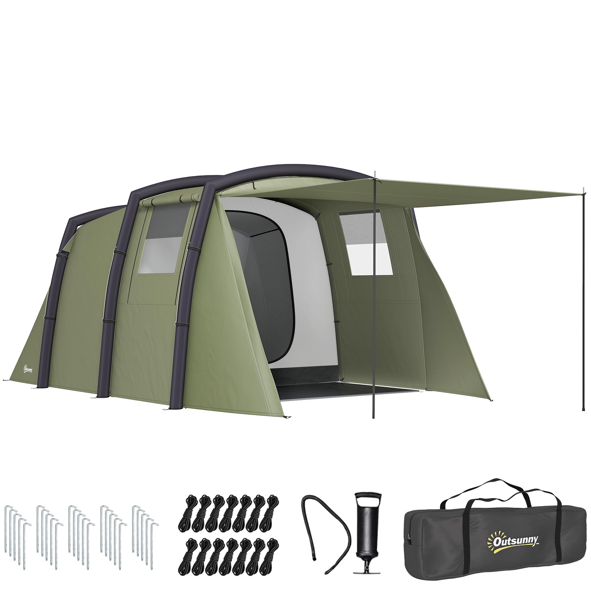 Outsunny Tenda da campeggio gonfiabile per famiglie tipo tunnel per 3-6 persone Tenda da campeggio glamping con vestibolo Finestre in rete e borsa per il trasporto Protezione UV 50+ Impermeabile