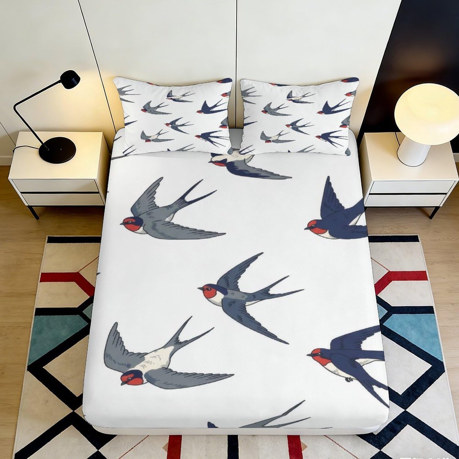 3D Printed Swallow Bird Fitted Sheet Microfiber Soft Breathable Flying Pattern Bed Cover for Bedroom Dormitory Guest Room Mattress Protection Decor 90x200x25cm