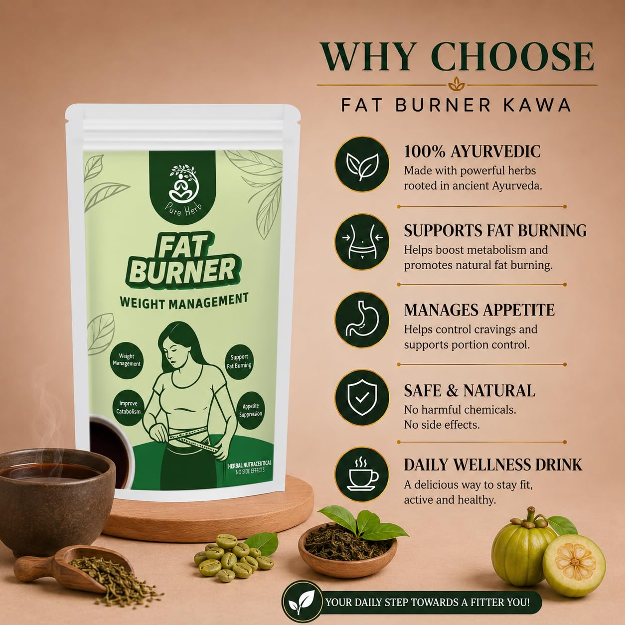 Fat Burner Kawa For Men & Women– Herbal Blend of Green Tea, Green Coffee & Garcinia – Natural Weight Loss & Metabolism Booster – Supports Detox & Fat Burning – 150g — Amazon image 5