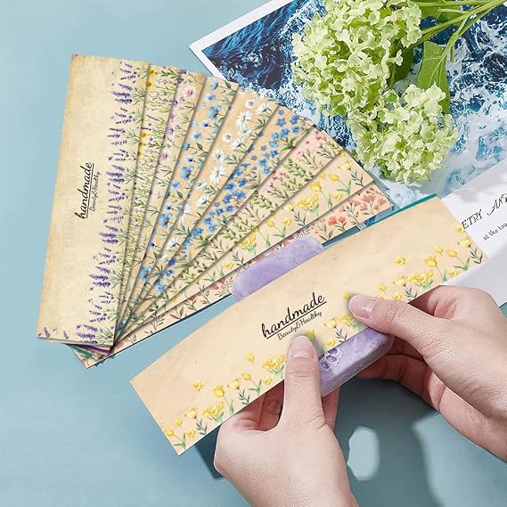 PH PandaHall 90pcs Soap Wrappers for Homemade Soap, 9 Styles Flower Soap Labels Soap Packaging Paper Crafts Wrapper Sleeves Covers for Handmade Soap Lotion Bars Bath Gift Wrapping, 8.3x1.97inch