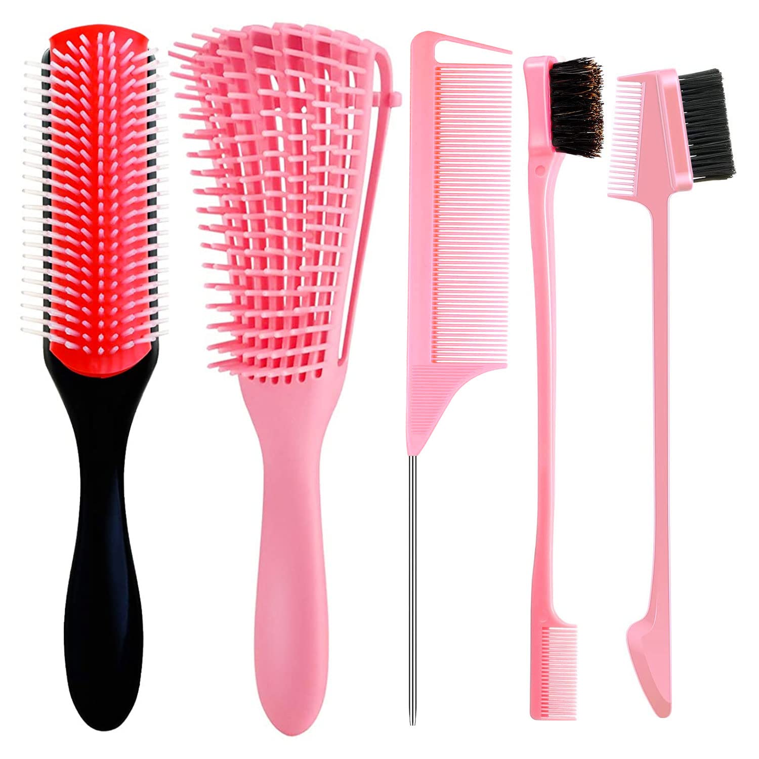 5 Pieces Detangling Brush Set 9-Row Cushion Nylon Bristle Styling Brushes, Rattail Comb Cutting Comb Set for African Hair Textured Kinky Wavy/Curly/Coily/Wet/Dry/Oil/Thick/Long Hair