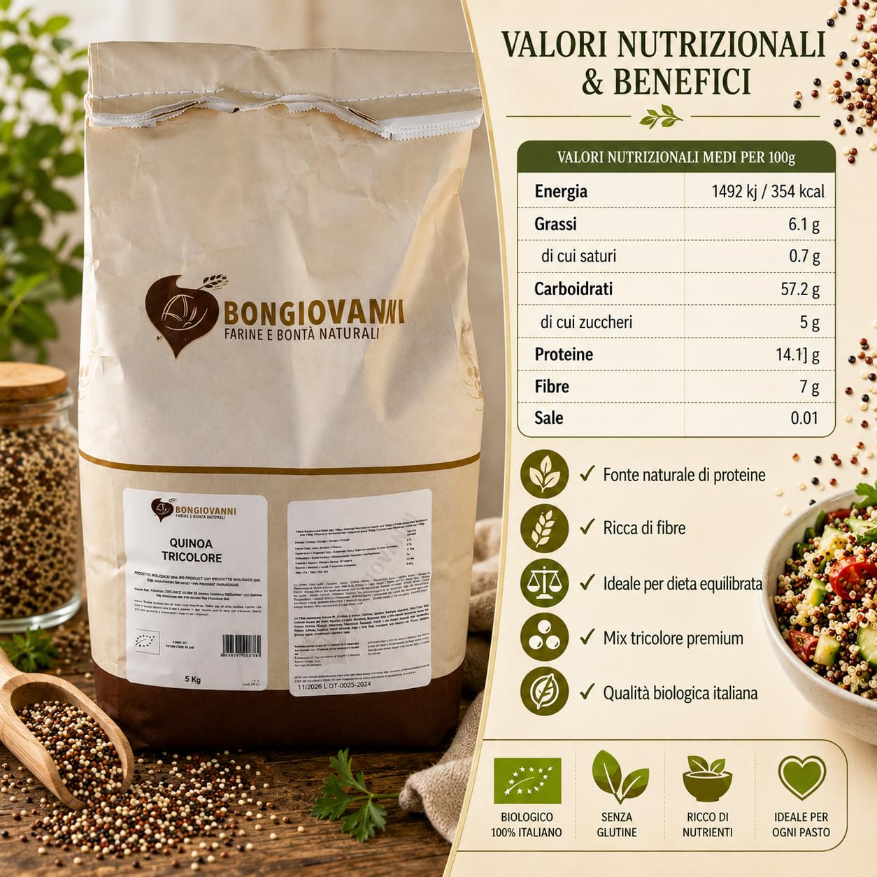 Bongiovanni Bontà Naturali Mélange de Quinoa Tricolore Biologique 5 kg