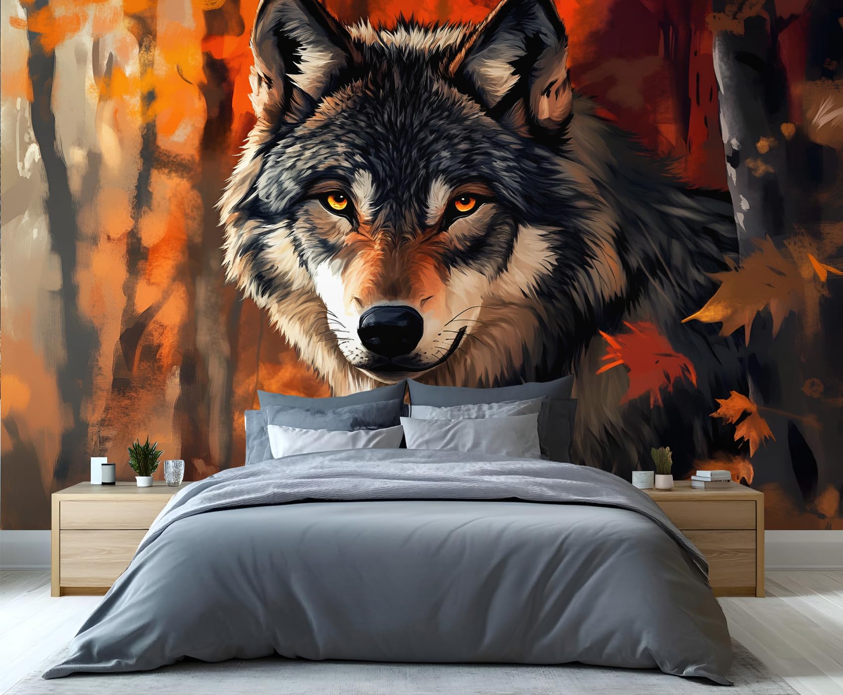 YXQAIED Wolf Wallpaper, Animals Wallpaper for Living Room, Autumn Leaves Bedroom Wall Paper, Not Self Adhesive American Retro 3D Large Mural & Home Decor Poster, 300x210cm — image 1