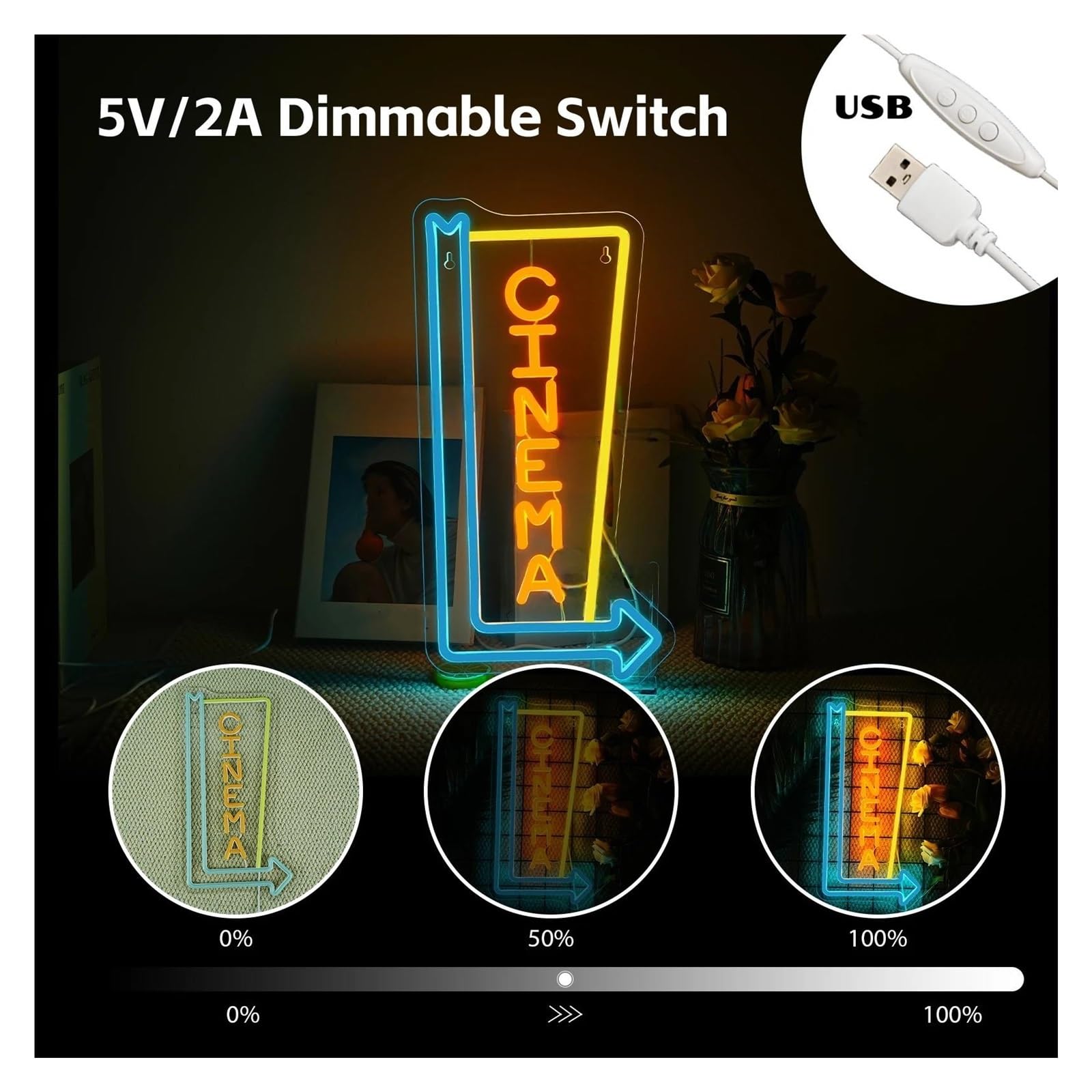 Decoración Lámparas Letreros De Neón Cinema Con Flecha Direccional Y Luz Regulable Para Cine En Casa, Entrada, Sala De Cine, Decoración De Pared, 18cmx39cm