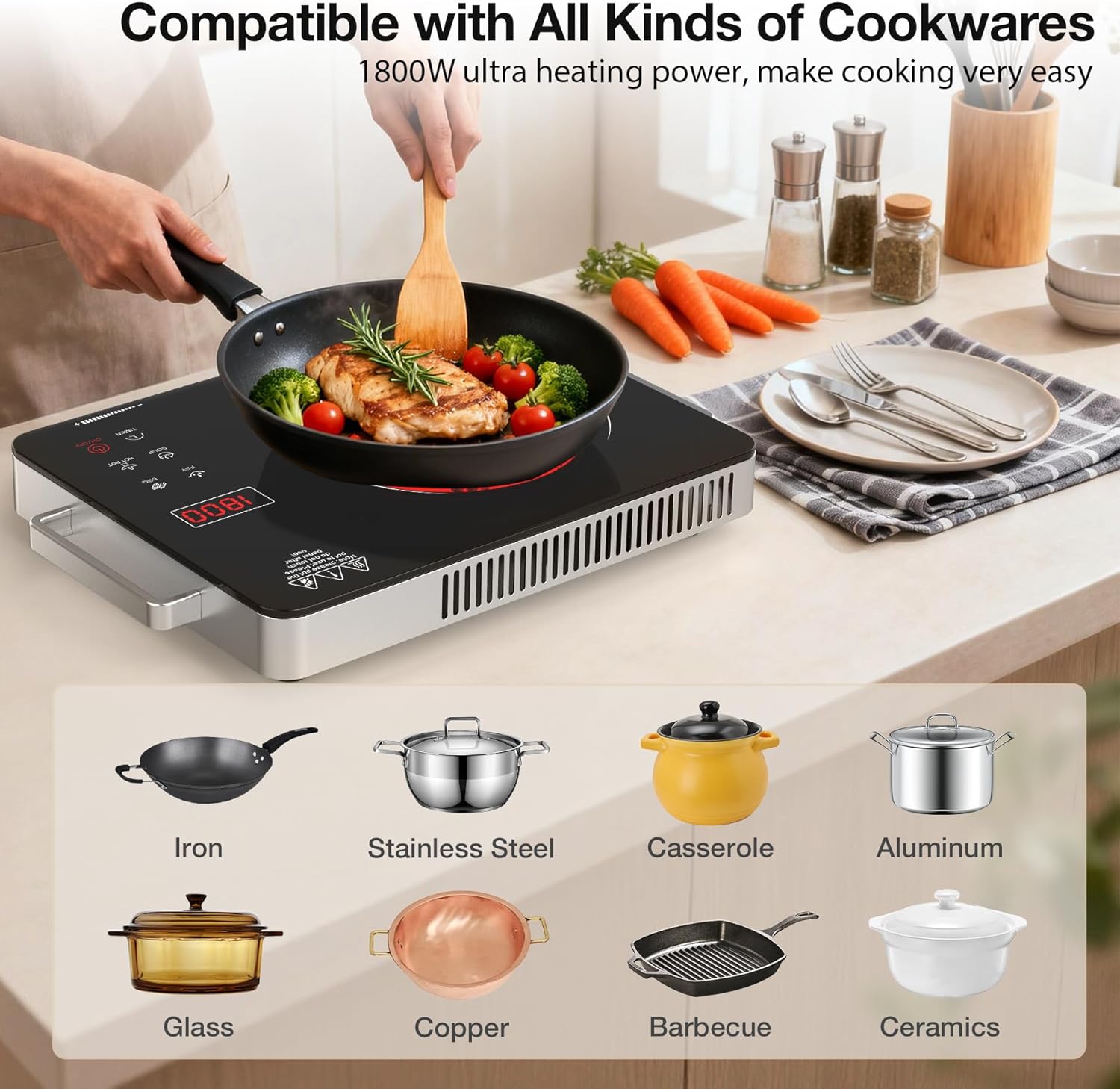 WABK Portable Electric Cooktop, 1800W Infrared Hot Plate Countertop Burner with Handle, 110V Single Burner Electric Stove with Knob & Touch Control, 4-Hours Timer & 10 Power Levels for Home Camping