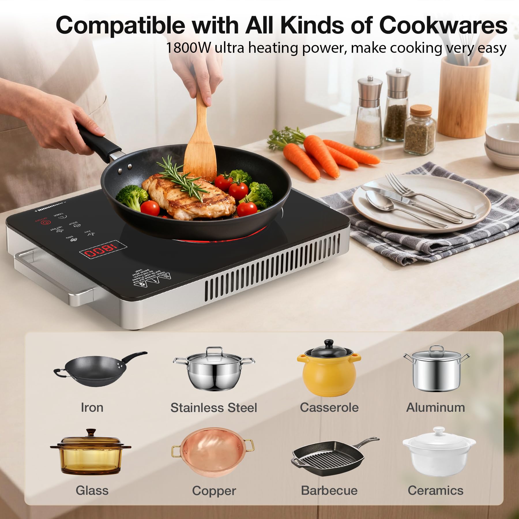WABK 1800W Single Portable Electric Cooktop, 110V Hot Plate Countertop Burner with LCD Sensor Touch, 10 Temperature Setting, LED Display, Kids Safety Lock, Auto Shut off Function for Home Camping
