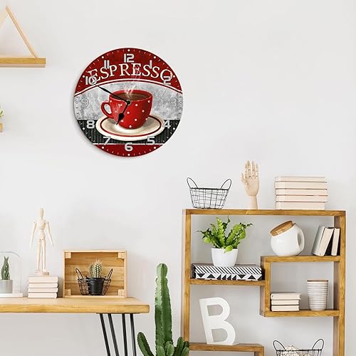 Miniatura 7 de Reloj de pared redondo de madera silencioso, sin tictac, funciona con pilas, color rojo expreso, 10 pulgadas, decoración rústica de granja, para