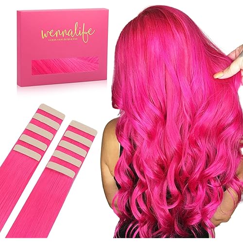 Wennalife Tape in Hair Extensions Human Hair Hot Pink Tape in Extensions, 10pcs 25g 14 inch Remy Invisible Tape Ins Straight Colored Soft Real Human Hair Tape in Extensions Refill Set Extensions