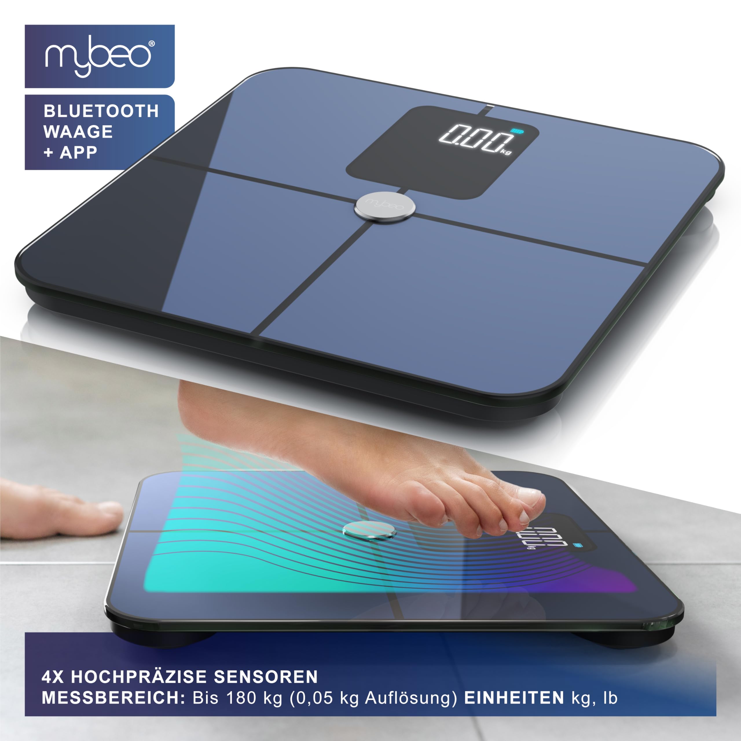 Mybeo - Körperfettwaage mit App - Digitale Bluetooth Körperwaage - Personenwaage Multifunktionswaage - Digitale Anzeige – Full Body Scan - bis zu 180 kg – gehärtetes Glas - mit körperfettanalyse