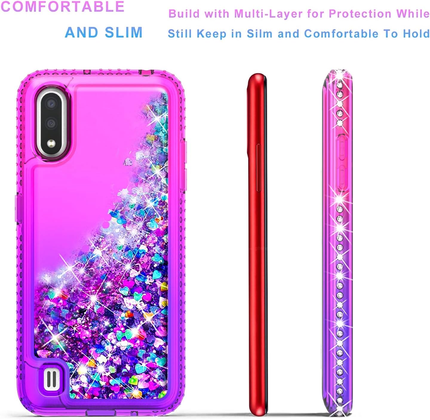 Samsung Galaxy A01 Phone Case, with [Tempered Glass Protector Included], STARSHOP- Liquid Floating Glitter Quicksand Bling with Spot Diamond Cover - Pink/Purple