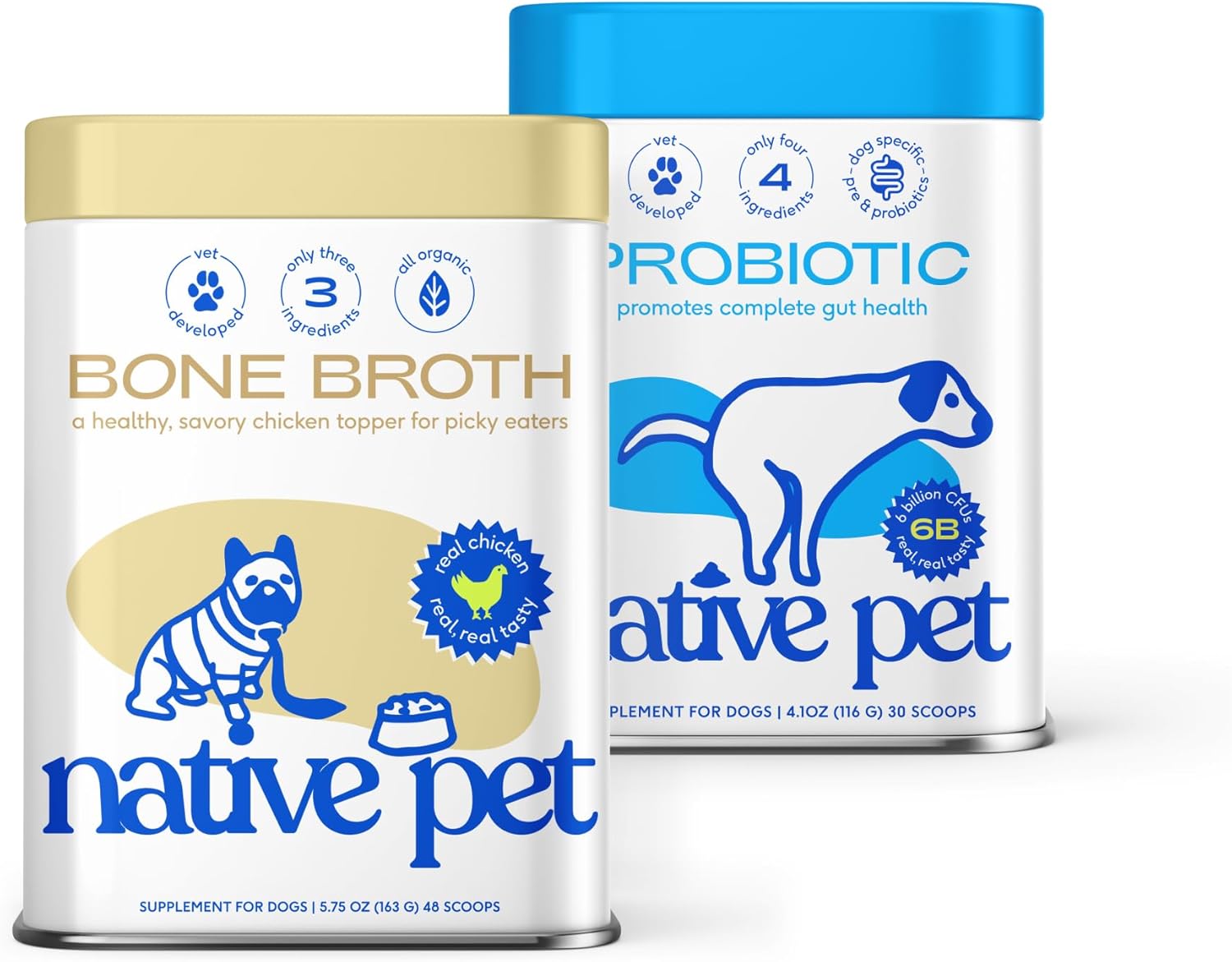 Native Pet Chicken Bone Broth for Dogs (5.7 Oz.) & Probiotic for Dogs (4.1 Oz.) - Pet Food Topper for Picky Eaters and Probiotic + Prebiotic + Bone Broth Powder for Healthy Digestion