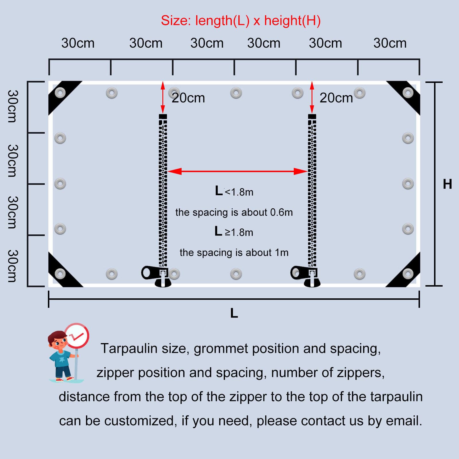 Clear Tarp Curtains Waterproof,Outdoor Transparent Tarpaulin Side Panels with Zip Doors,for Pergolas Gazebos Patio Porches Carports,PVC Plastic Tarpaulin with Grommets,L×H-4.8 * 2.2m(15.7 * 7.2ft)