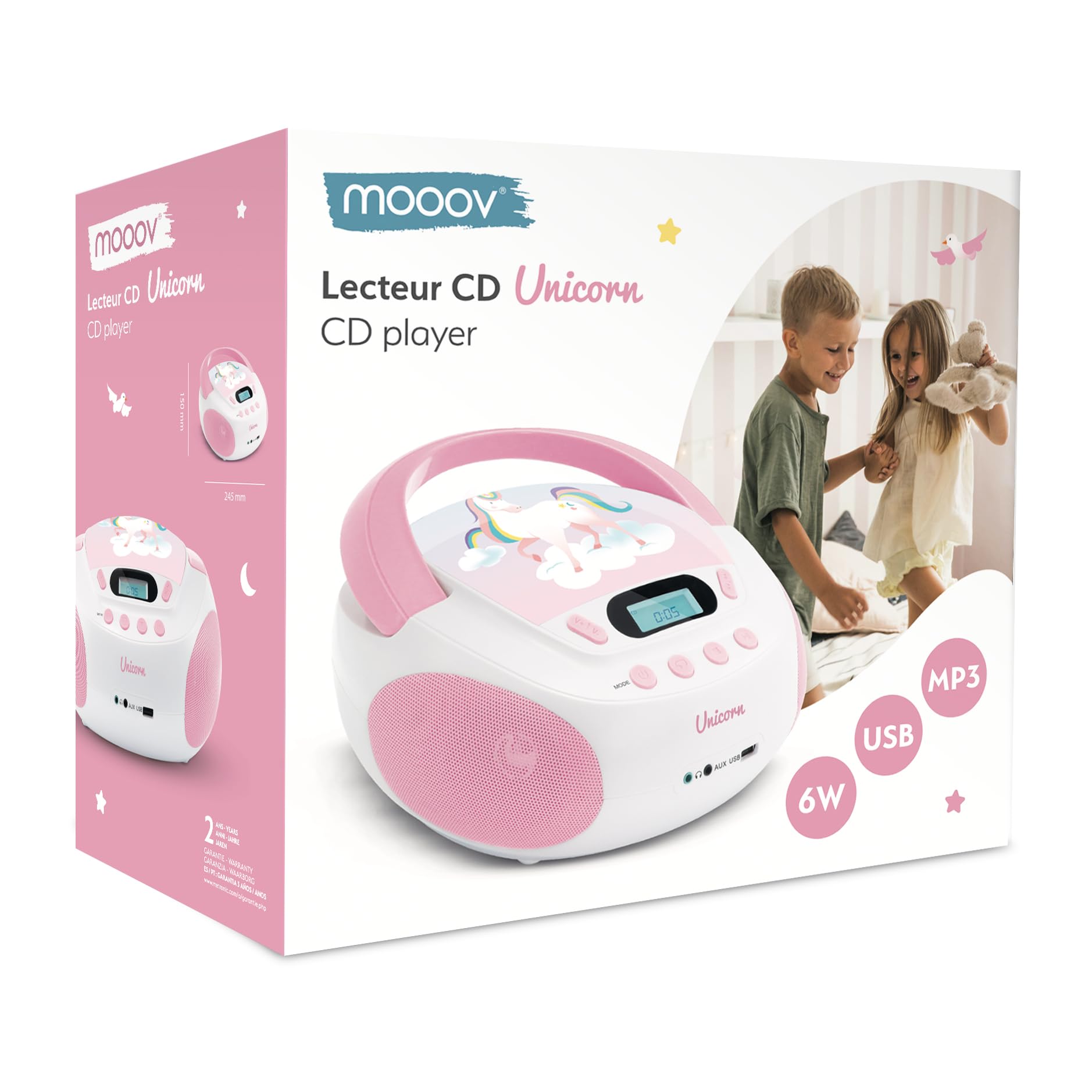 Mooov 477407 - Reproductor de CD portátil, Lector CD Audio CD-R/CD-RW, Puerto USB para MP3, Sonido estéreo de 6W, asa ergonómica, Unicornio