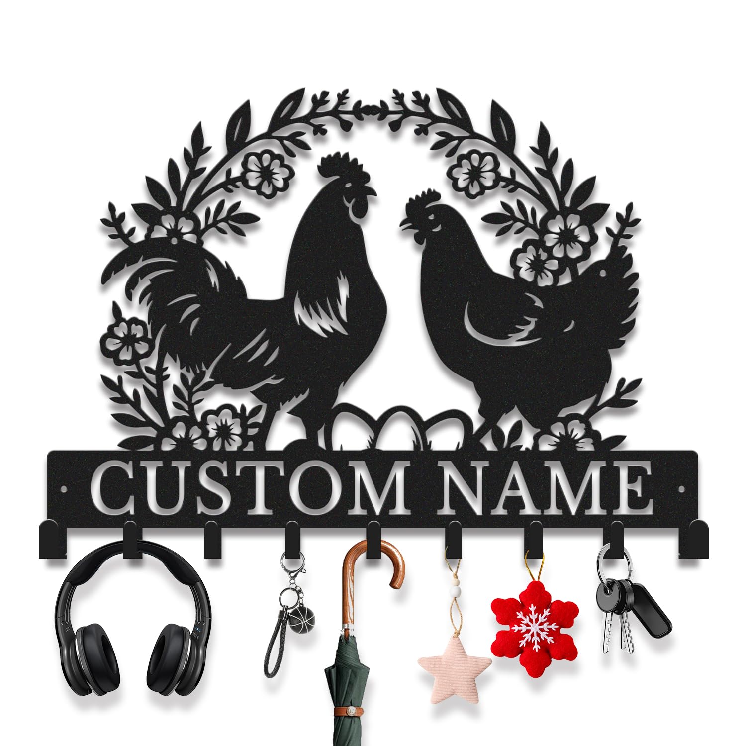 Avalox Style-3 Personalized Chicken Key Holder With Key Hooks – Custom Name Farmhouse Wall Organizer, Rustic Metal Entryway Decor, Country Kitchen Sign, Unique Key Rack For Keys, Leash, Lanyard (Style-3)
