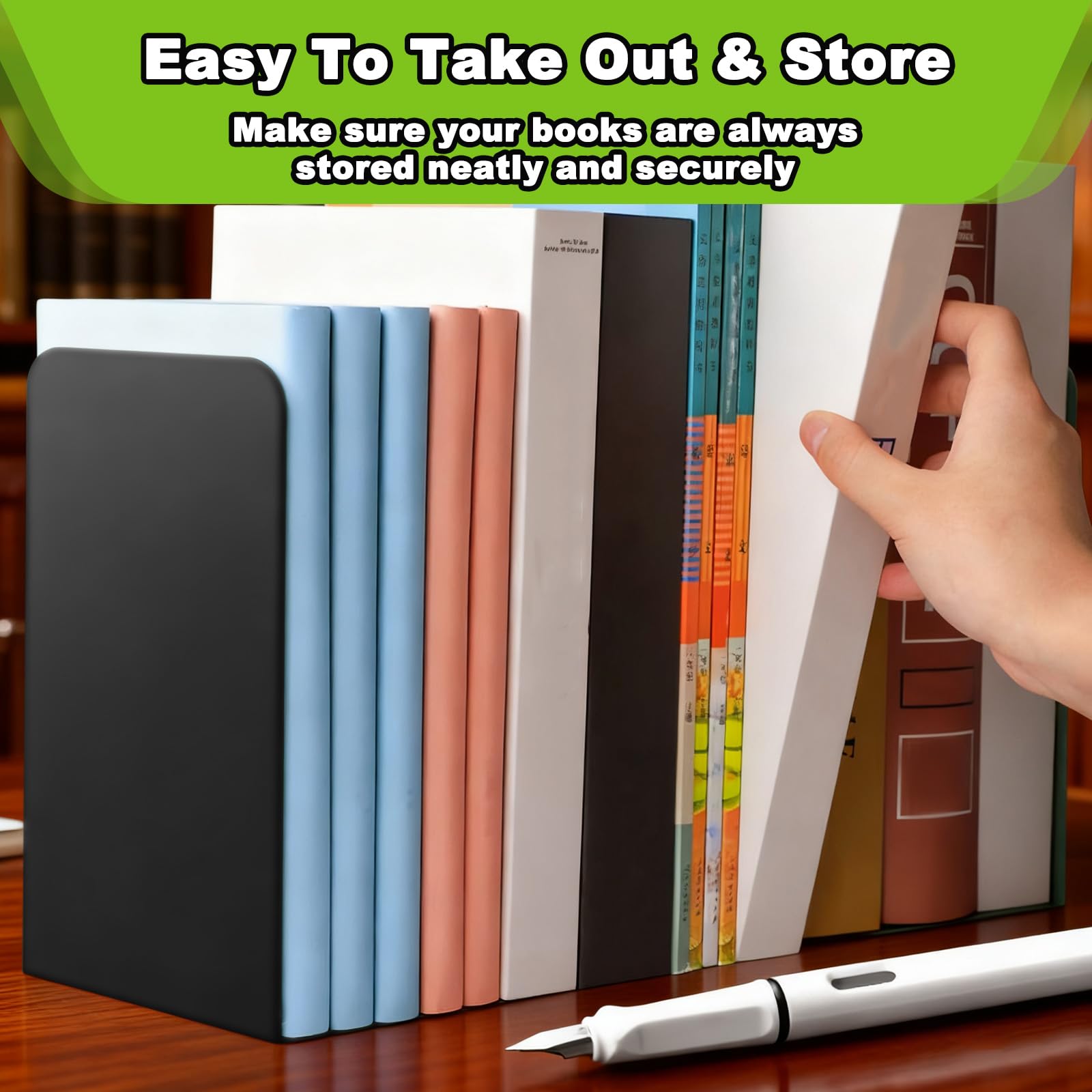 6 Pieces Metal Book Ends with Non-Slip Rubber Pad, Heavy Duty Bookends for Shelves, L-Shaped Divider Books Support Holder, Black Decorative Book Stopper for Home, Office, School, Library Bookshelf - Image 2