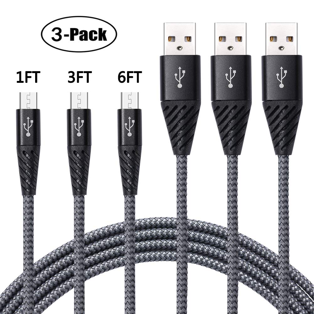 Bynccea Fast Charge Android Charger Cable,Nylon Braided Micro USB Cable 1FT 3FT 6FT [3-Pack] Fast Charging Cord Compatible with Samsung Galaxy S6 S7 Edge J3 J7,LG,HTC,Motorola,Sony,Xbox One,PS4,Gray