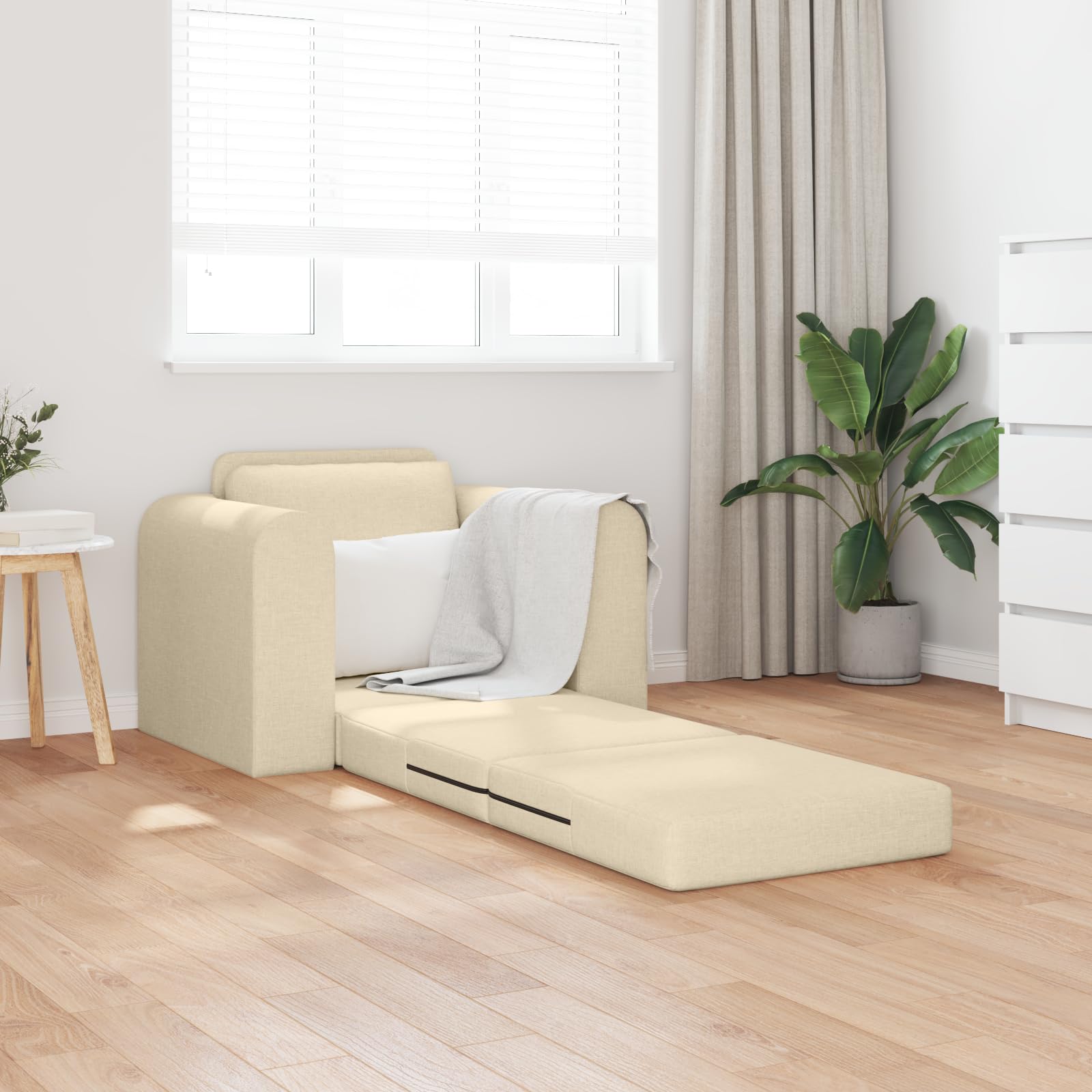 Nowoczesny fotel w kolorze kremowym z tapicerką, składany fotel dla gości i możliwość spania, do salonu i sypialni, kompaktowy 98 x 71 cm, wygodny i łatwy do czyszczenia