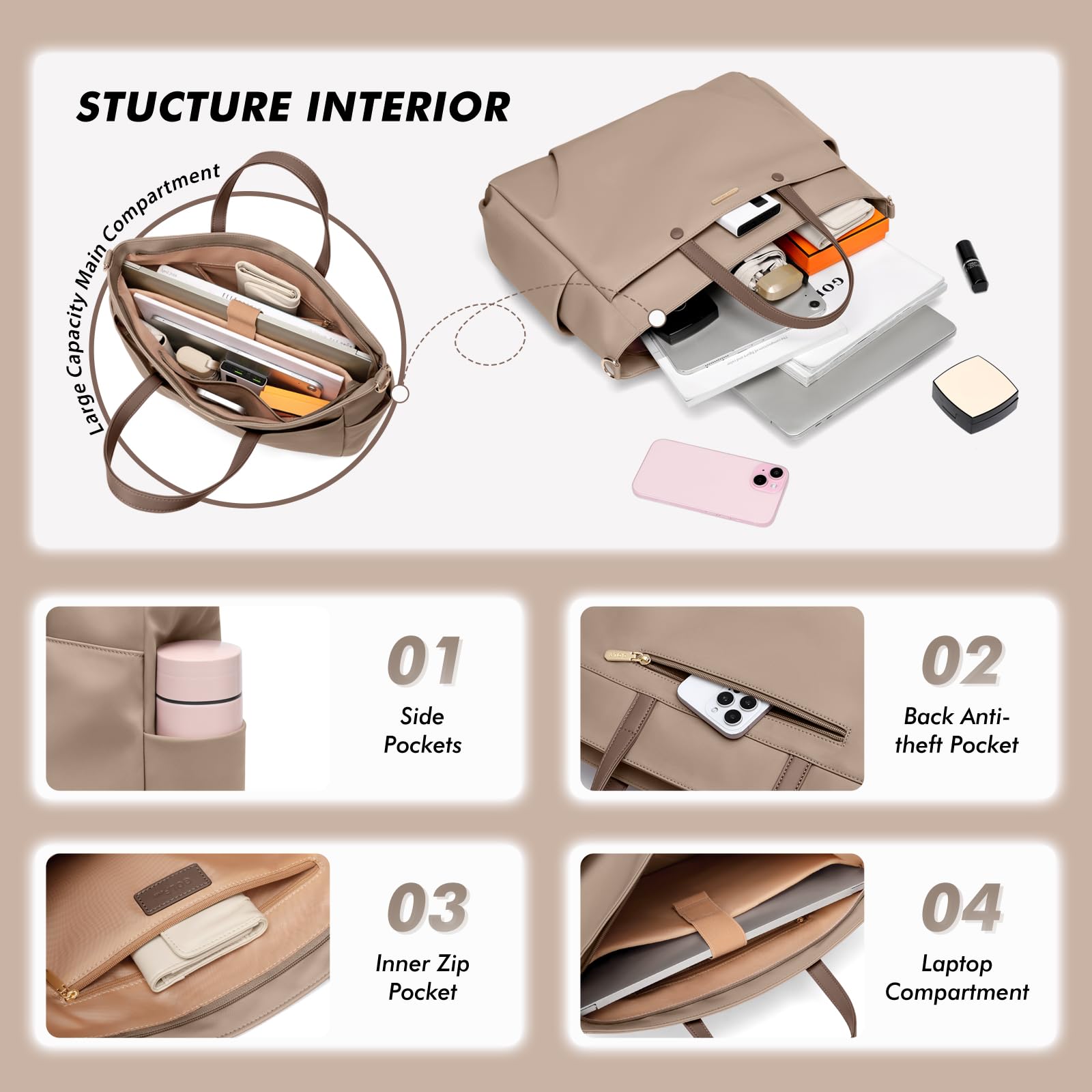 GOLF SUPAGS Sac Fourre-Tout Pour Ordinateur Portable 15 Pouces, Sac à Bandoulière Pour Ordinateur Pour Femme, Sac à Main élégant Pour Le Travail et Les Voyages (Champagne)