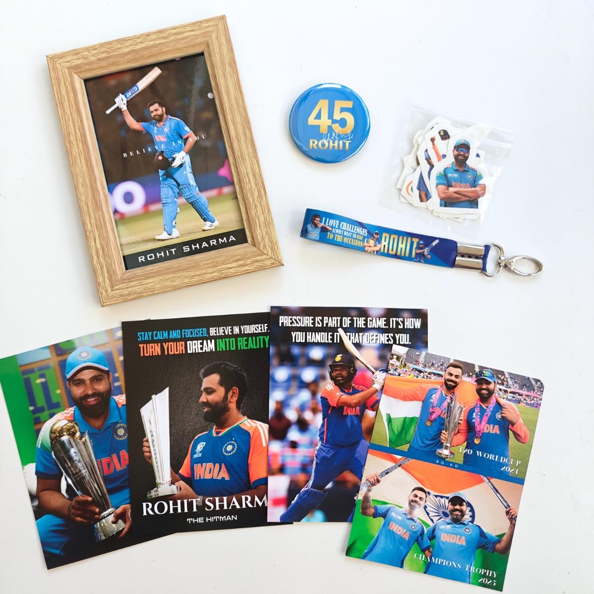 TenorArts Gift Box Merchandise - 5x7 Inches Laminated Photo Frame,1 Keychain, 1 Badge, 4 4x6 inches Posters, Shapecut Stickers - 5 items in 1 Box | Perfect for Gifting Cricket Fans-image-44
