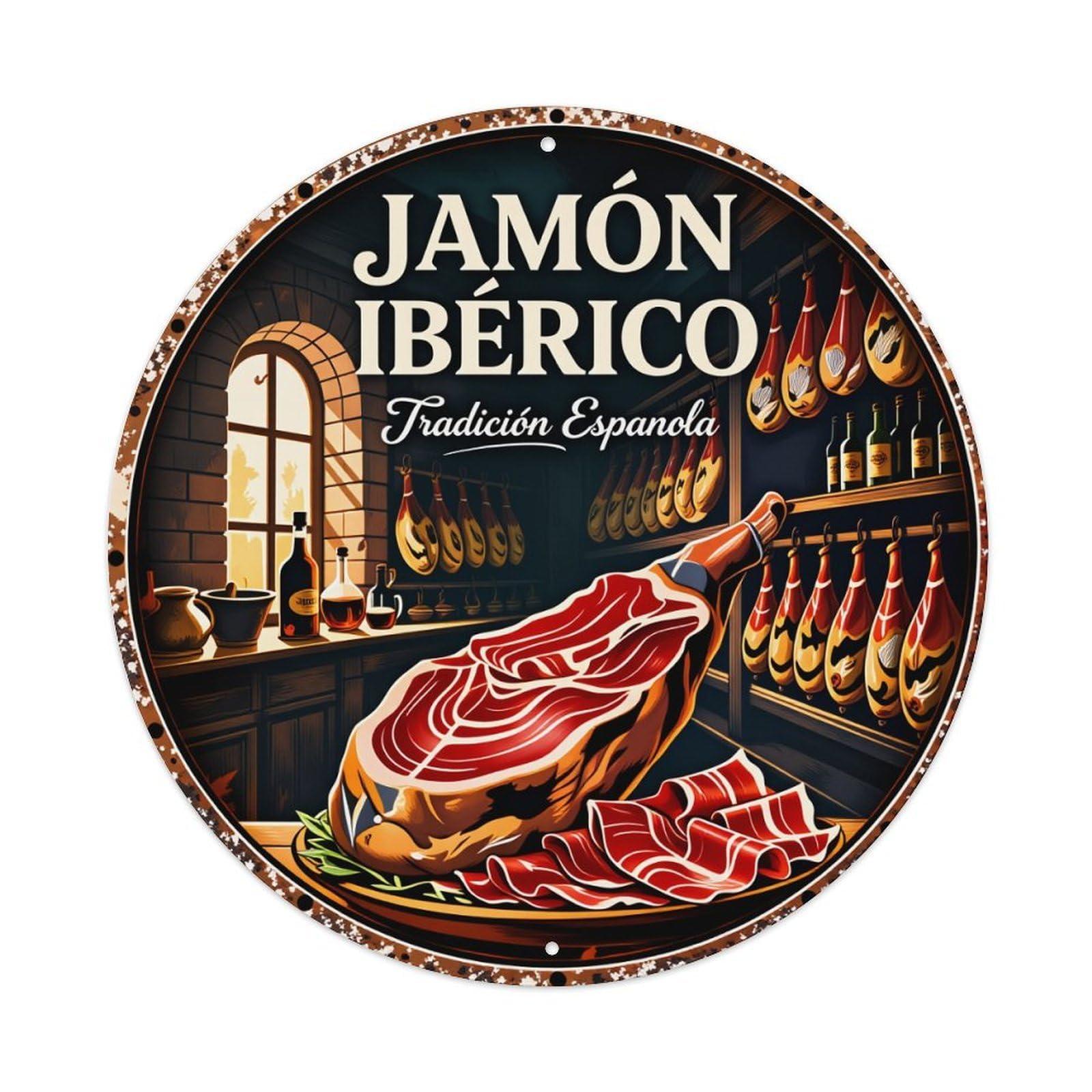 Iberico Ham Traditional Spanish Art Metal Tin Sign Vintage Garden Bedroom Cafe Bar Man Cave Home Wall Decor Metal Poster 8x8 inches