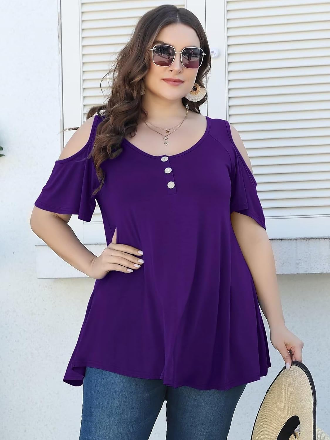 LARACE Cold Shoulder Tops for Women,Plus Size Womens Summer Tops, V Neck Short Sleeve Women's T Shirts Loose Fit,Tunic Tops to Wear with Leggings, Casual Blouses(Purple, L-6XL) - Image 2