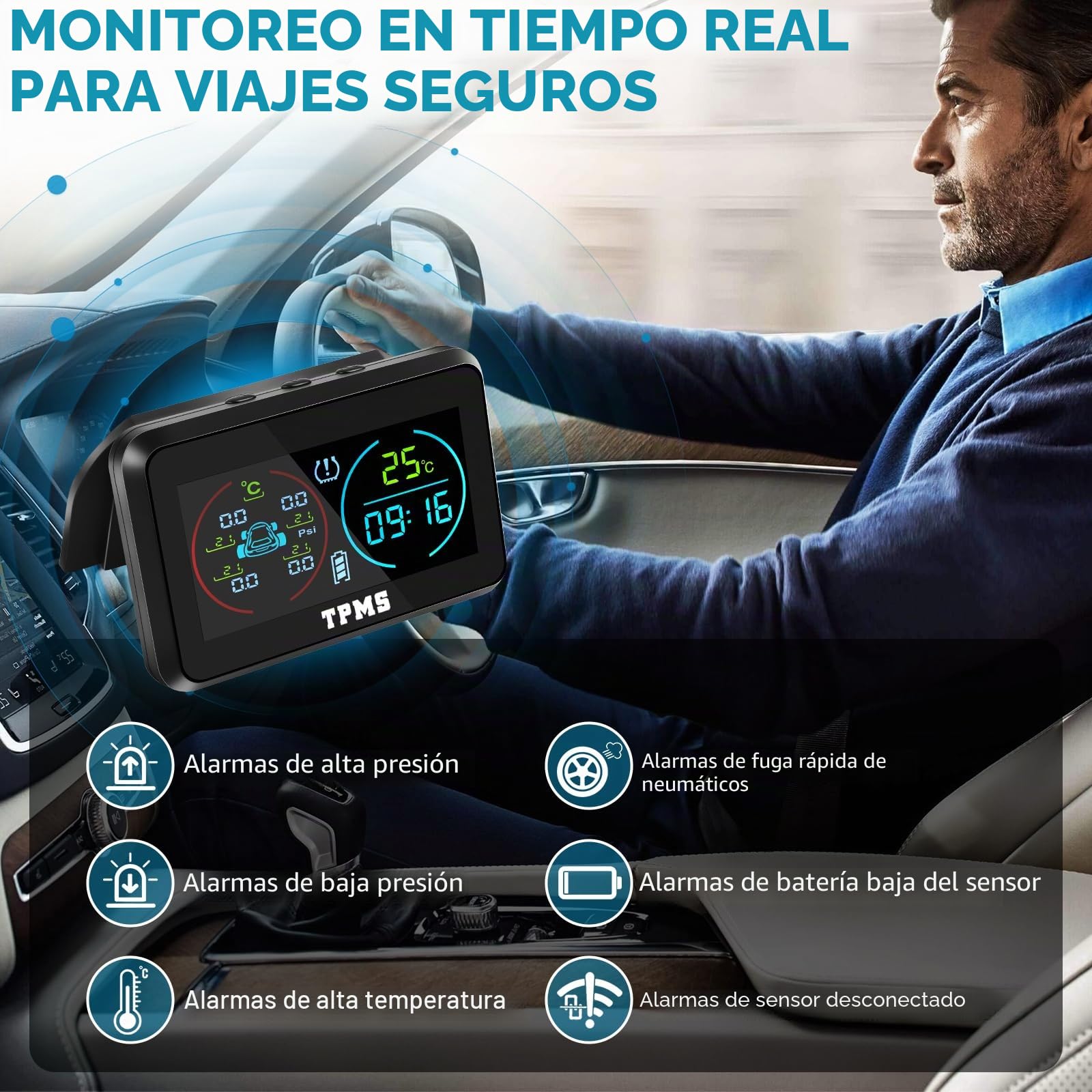 KAOLALI TPMS Sistema de monitoreo de presión de neumáticos, TPMS de visualización de Tiempo y Temperatura, Carga Solar y función de Carga USB, con 4 sensores externos de presión de neumáticos para RV