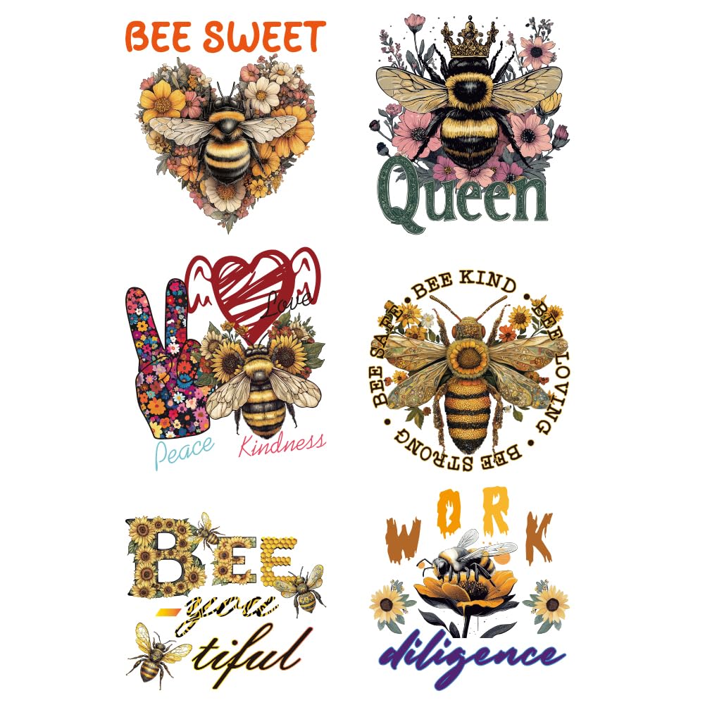 arricraft 6 Sheets Bee Iron on Decals Patches, Honey Flowers Iron on Stickers Bee Sweet Bee Kind Bee Loving Transfer Stickers PET Washable Patches for DIY Clothes Decor, 8.7inch(22cm) Long