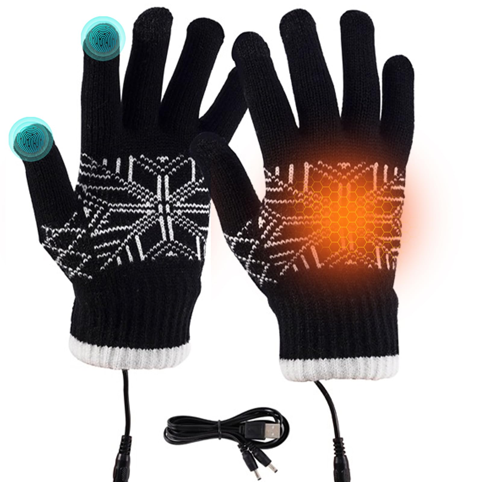 Hdakddhg Unisex Black Usb Heated Gloves For Men And Women, Touchscreen Winter Warm Heating Gloves Full Finger Knitting Mittens Hand Warmers Washable Thermal Laptop Gloves For Sport Riding Skiing (Black)