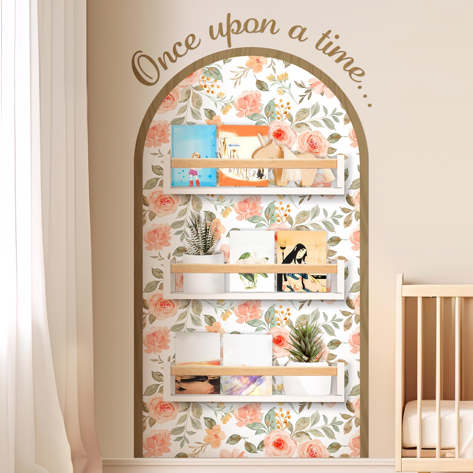 Pinkunn Flower Arch Wall Decals with Wooden Book Shelves Once Upon a Time Sign Decals Peel Bedroom Reading Corner Decor Hanging Decor for Family Wall