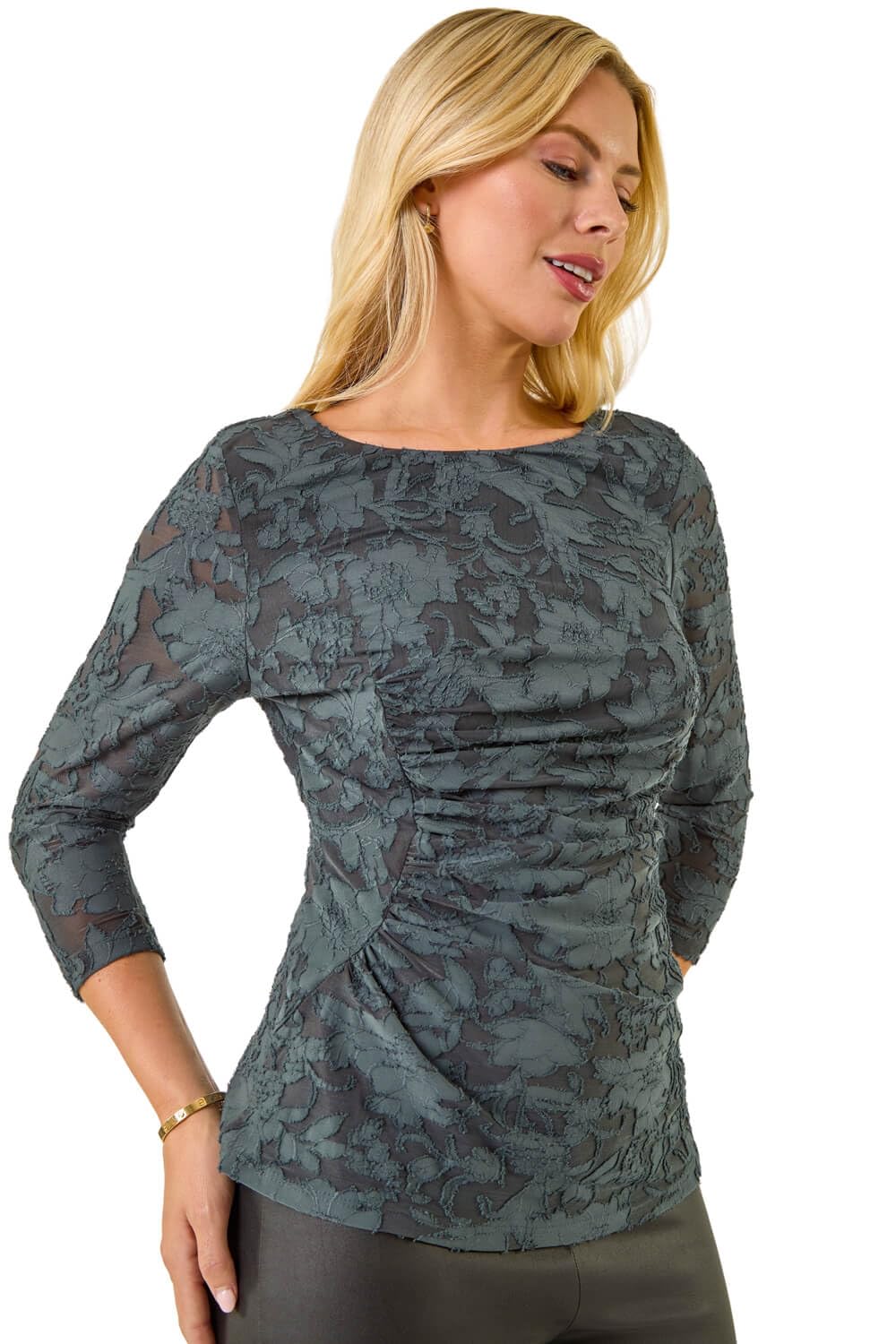 Roman Women's Grey Petite Ruched Side Jacquard Top In Size 12