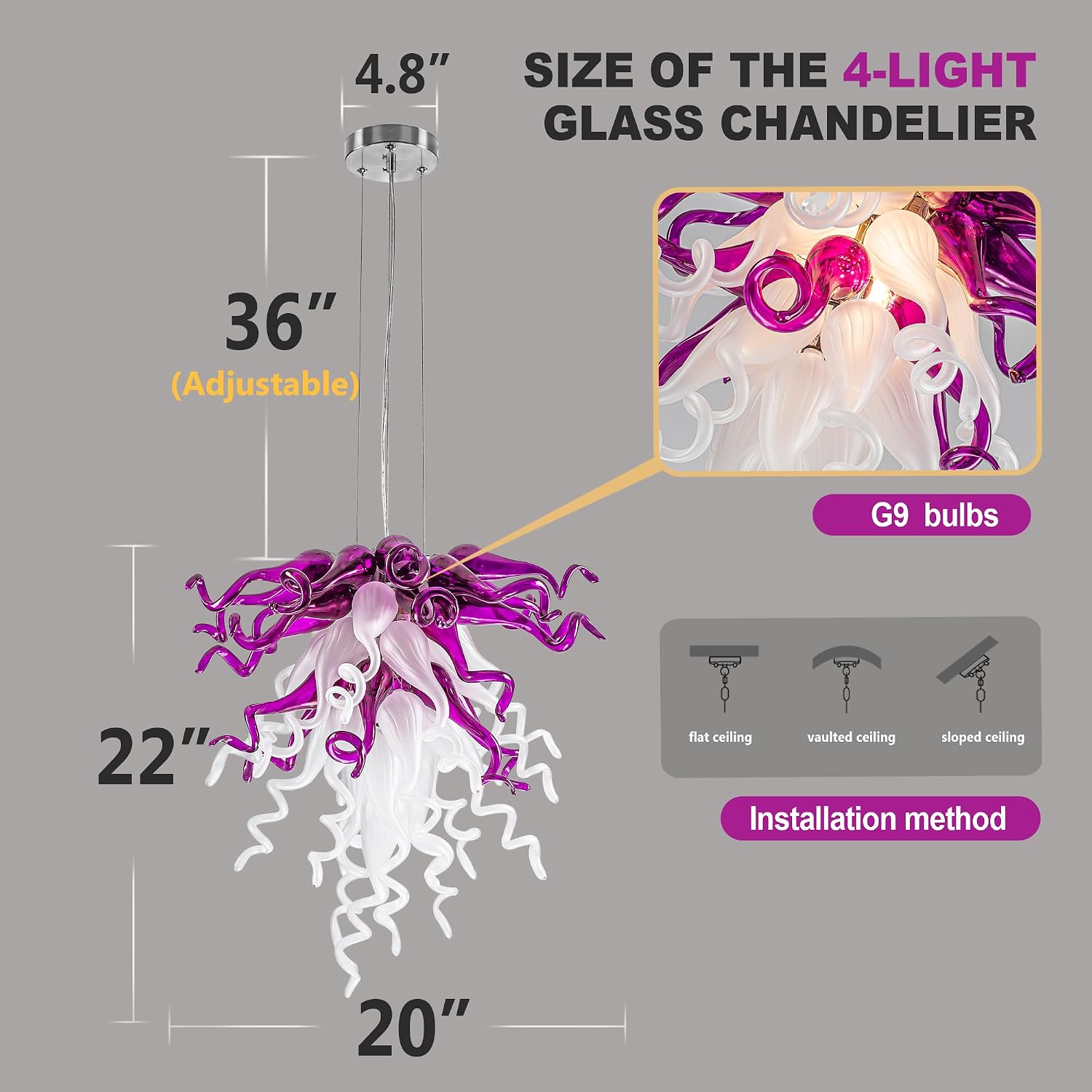 20 Inch Vintage Unique Blown Glass Chandelier with Glass Shades Art Deco Ceiling Light Fixture Hand Multicolor Purple White Hanging Lamp Adjustable Design Dining Room Elegant Decor