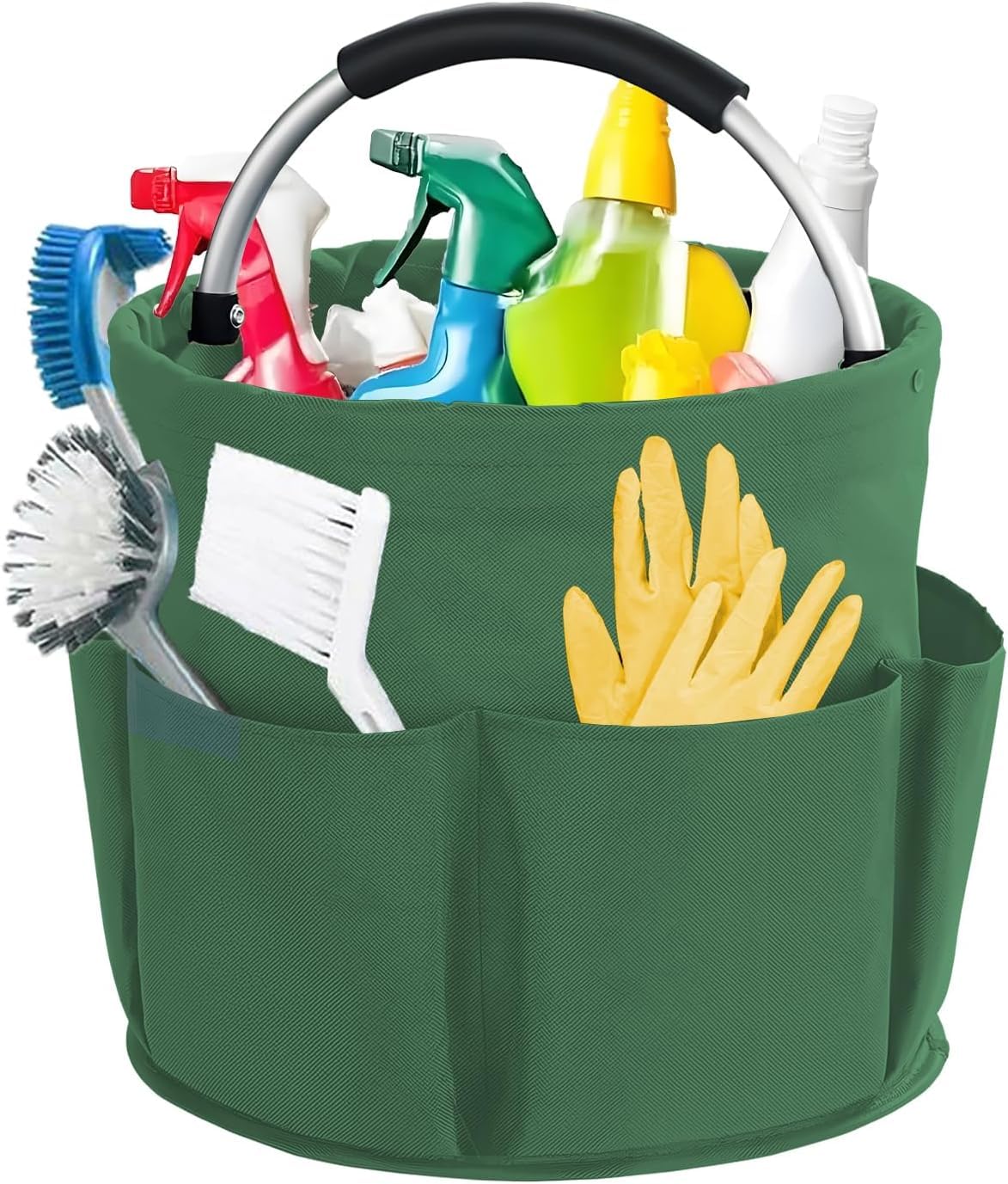 LINGMING Foldable Cleaning Caddy with Handle, Multi-Pocket Organiser Basket for Cleaning Supplies, Portable Space Saving Storage Tote grass green-Ling