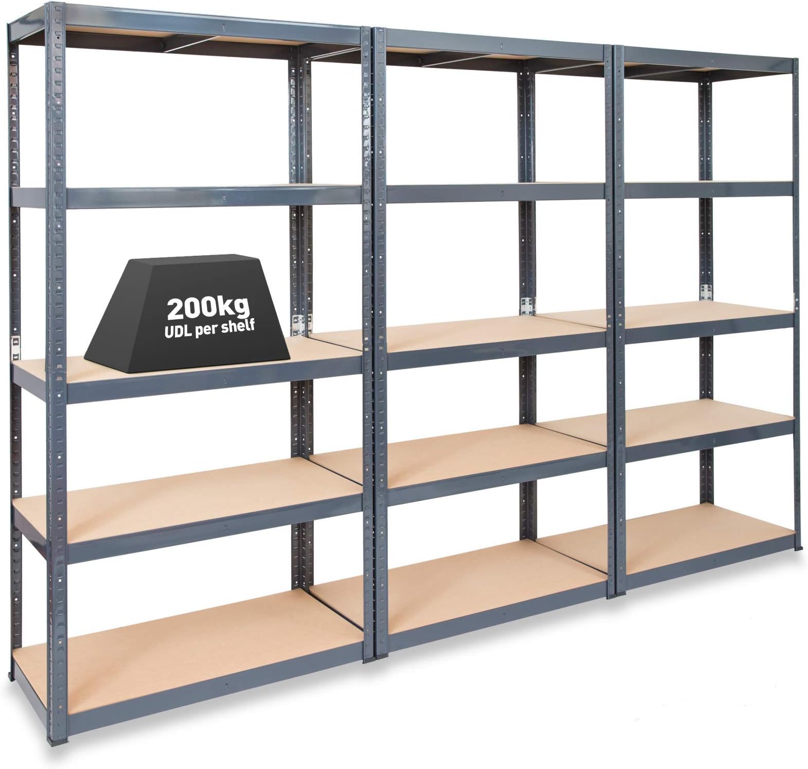 3 Bay Extra Deep Garage Shelving Racking Units – UK’s Bestselling Garage Storage Shelves - 600mm Deep - 200kg Per Shelf (Evenly Distributed) - 5 Level Unit - Metal & MDF Boltless Assembly
