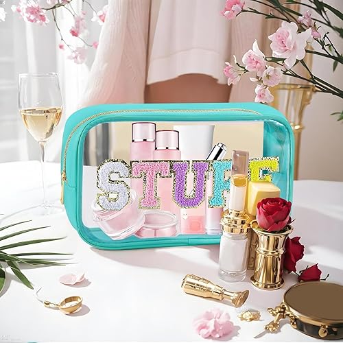 Miniatura 3 de Bolsa de maquillaje transparente con letras de chenilla, de nailon, bolsa de cosméticos con cremallera, bolsa grande transparente de maquillaje de