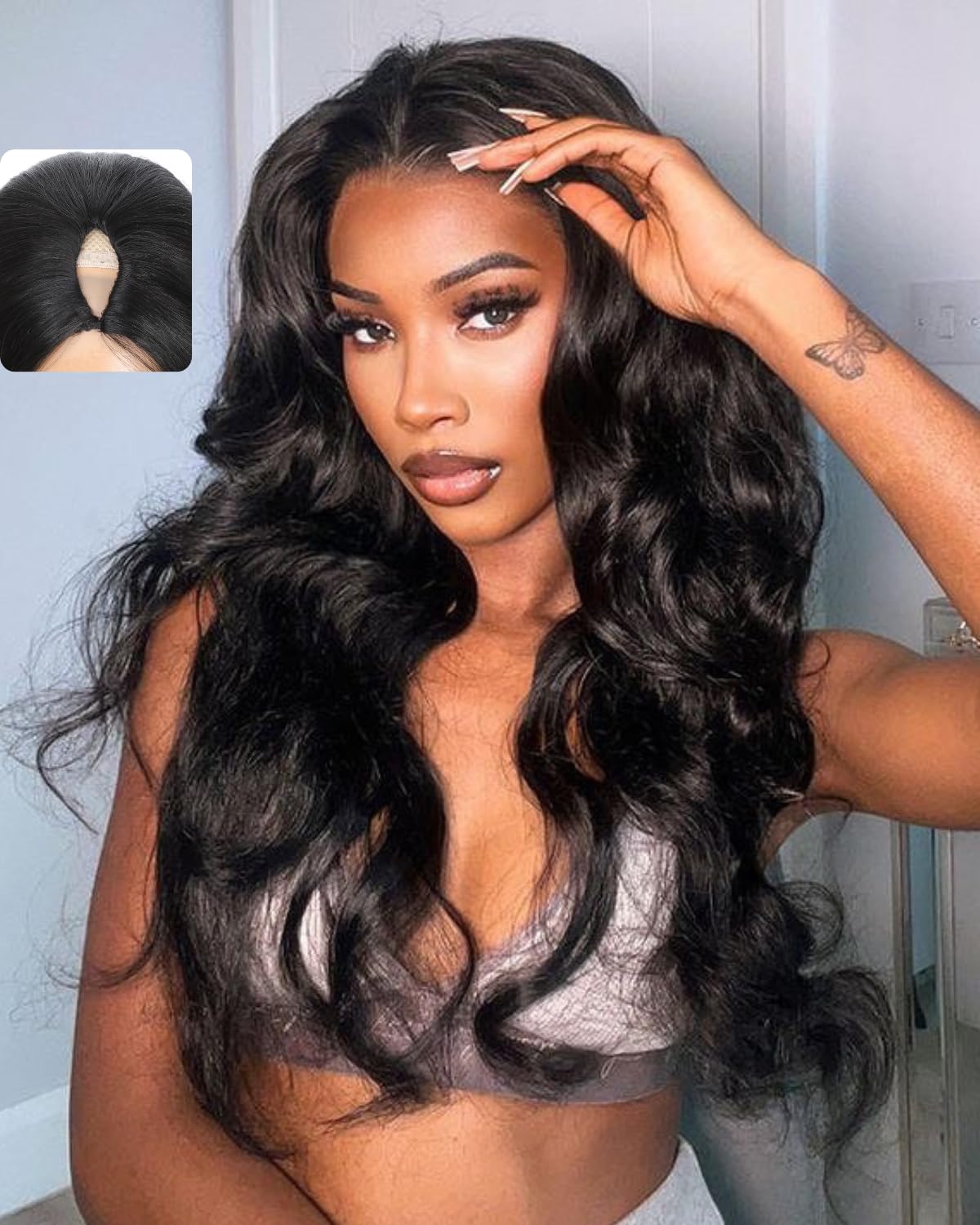 V Part Wig Human Hair Body Wave Upgrade U Part Human Hair Wigs for Black Women Vpart Clip in 180% Density Half Wig Glueless Friendly for Beginner No Leave Out No Sew in Natural Black 28 inch