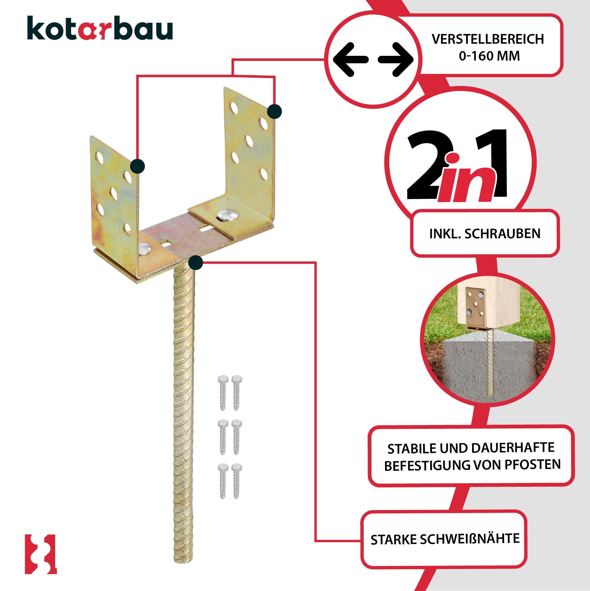 KOTARBAU® 4 pièces Support de Poteau à Sceller - Acier - 400 mm - Or - Support Poteau Bois - Largeur Réglable 0-160 mm - avec Ancrage Béton - pour Poteaux et Poutres Bois