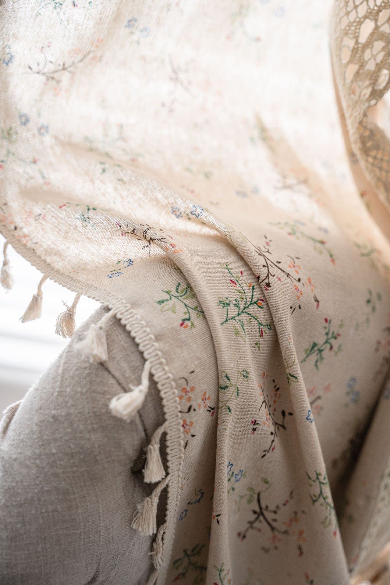 Rideau floral bohème de 200,7 cm de long en dentelle au crochet et patchwork draperie semi-transparente à glands bohème avec passe-tringle panneau de rideau de fenêtre pour salon, chambre à