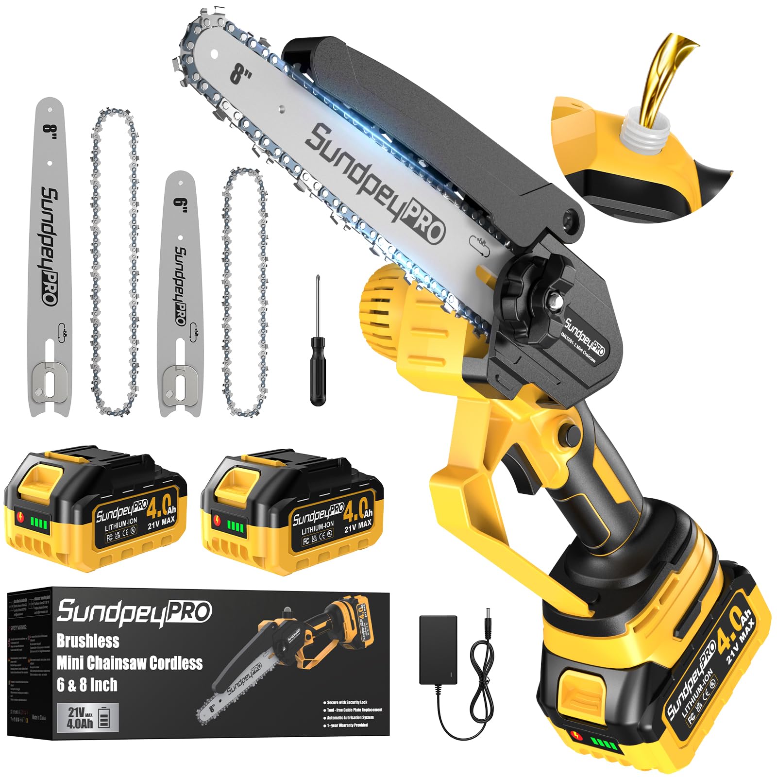 8 y 6 Pulgadas Mini Motosierra Bateria 8000mAh - 21V Sierra Electrica Podar Arboles, Sin Escobillas, Ajuste Sin Herramientas, Motosierra Electrica Pequeña de Mano podar Arboles