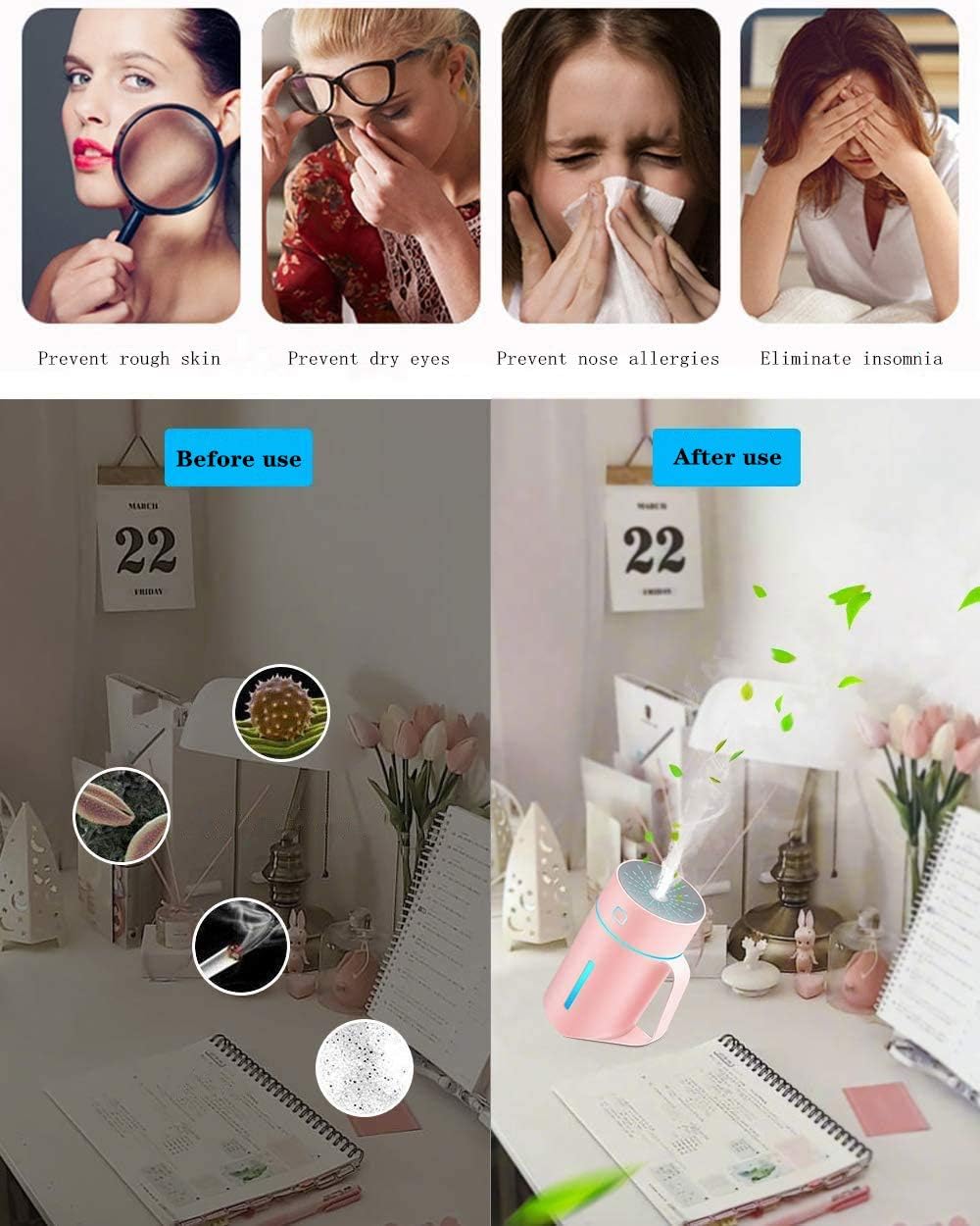 Small Humidifier Mini Silent 7 Color LED,USB Interface is Suitable for Home and Office, 420ml Nano Spray (Pink)