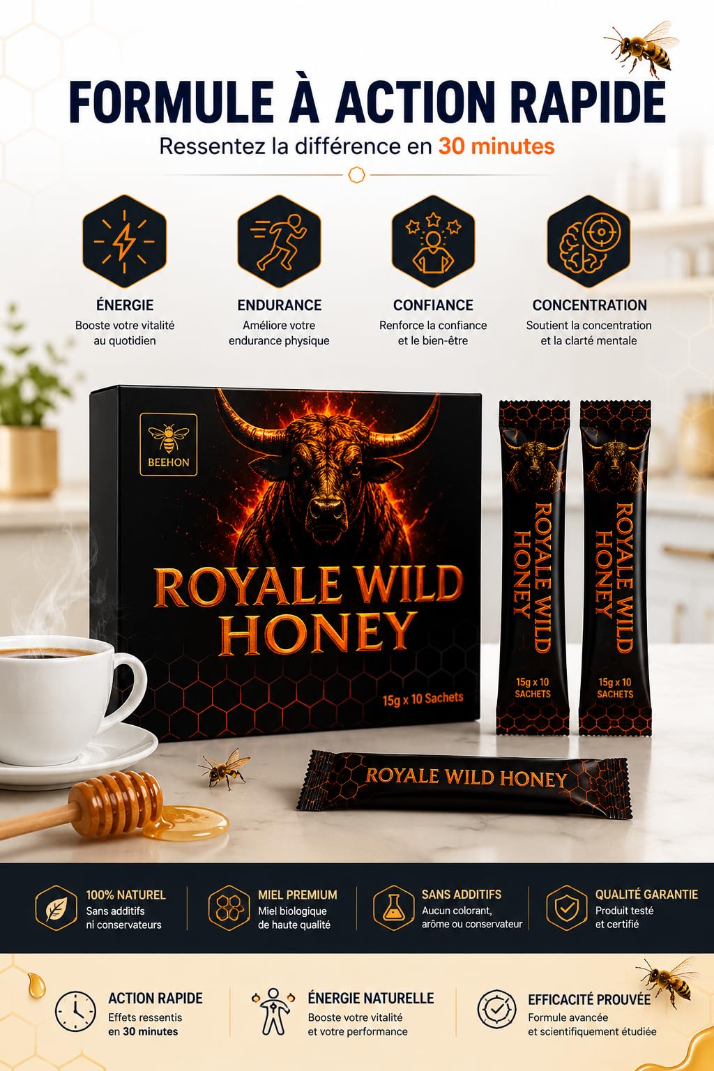 Beehon Miel en Sticks 100% Naturel – 10 Sachets Individuels x 15g – Ginseng, Gingembre Noir, Maca x 15g – Produit Alimentaire à Base de Miel et Extraits Végétaux