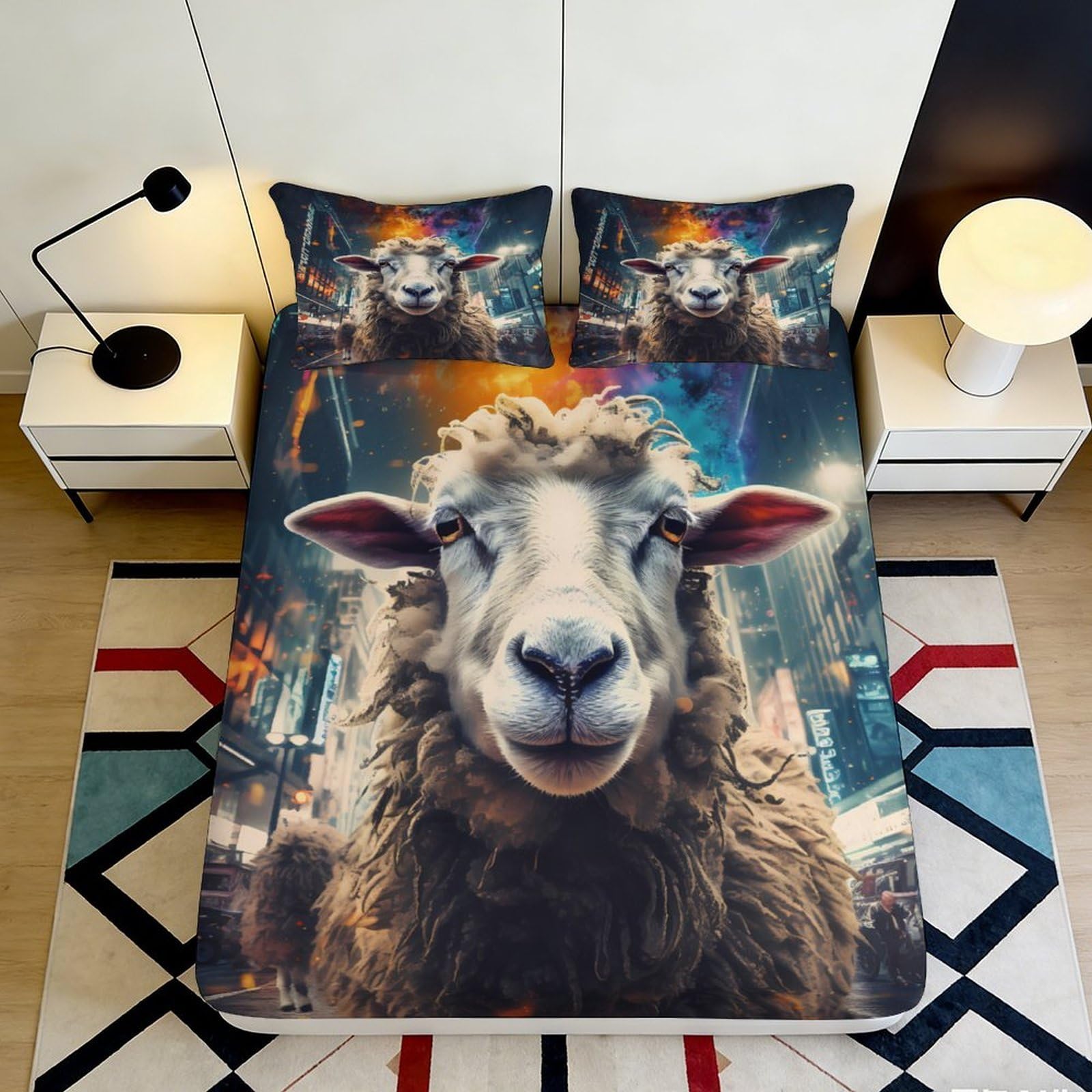 3D Printed Urban Sheep Fitted Sheet Microfiber Soft Breathable Cityscape Bed Cover for Bedroom Dormitory Guest Room Mattress Protection Decor 90x200x25cm