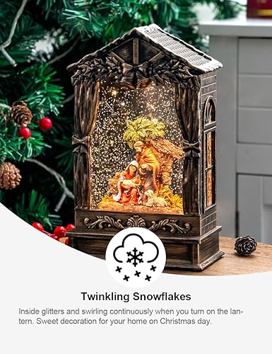 Miniatura 4 de Faroles de globo de nieve de Navidad de 10 pulgadas, escenas serenas de María, José, Bebé Jesús, USB y decoraciones navideñas alimentadas por