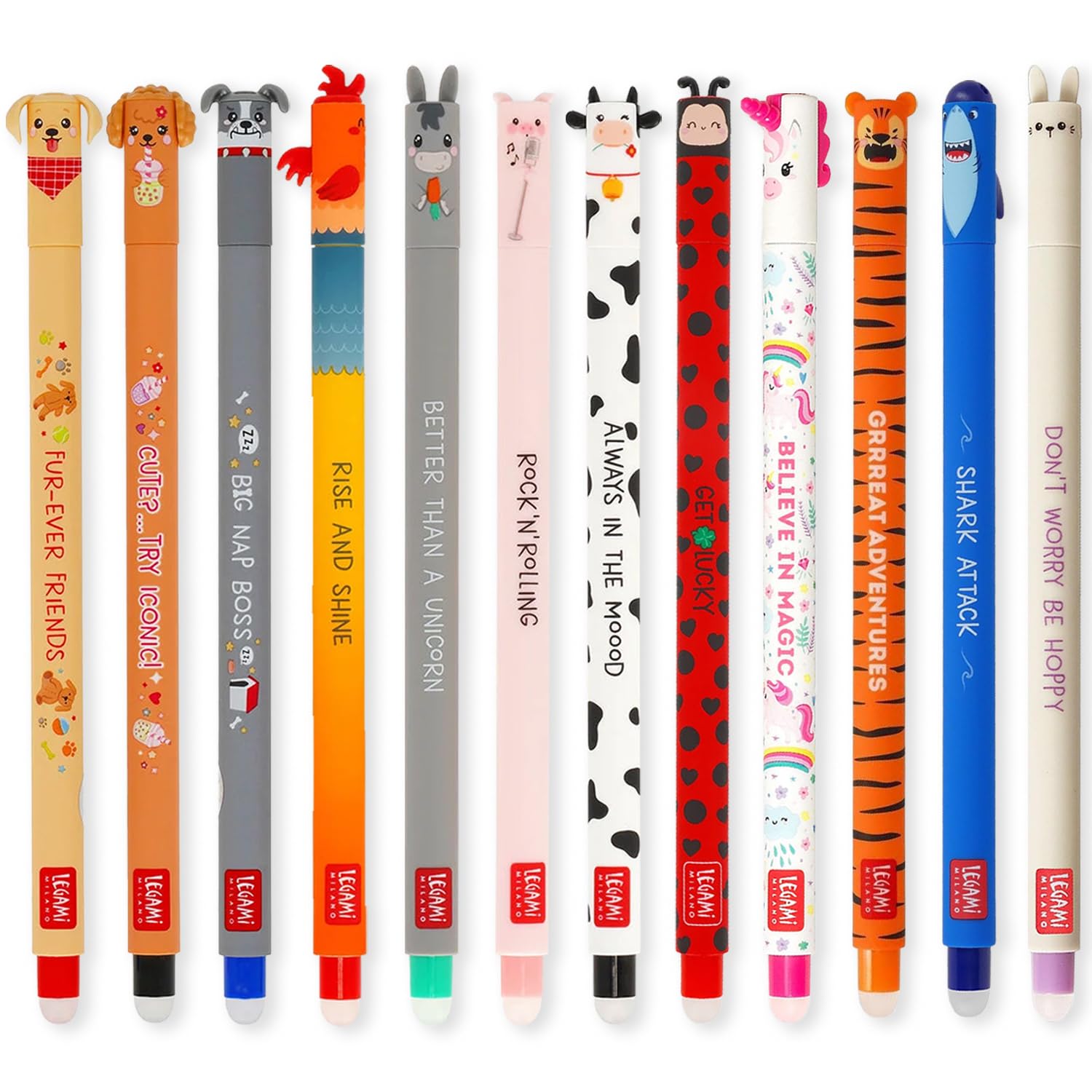 LEGAMI Fur-ever Friends + Farm Sweet Farm Lot de 23 stylos à encre gel effaçable avec encre sensible à la chaleur, encre colorée et motifs sur le thème des animaux, pointe de 0,7 mm, chiens et animaux