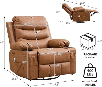 Swivel Rocker Recliner Chair with Massage and Heat, Oversized Glider Recliner Nursery Chair,Single Sofa Seat,Lazy Boy Reclining Sofa with Side Pockets, Front Pockets and Cup Holder