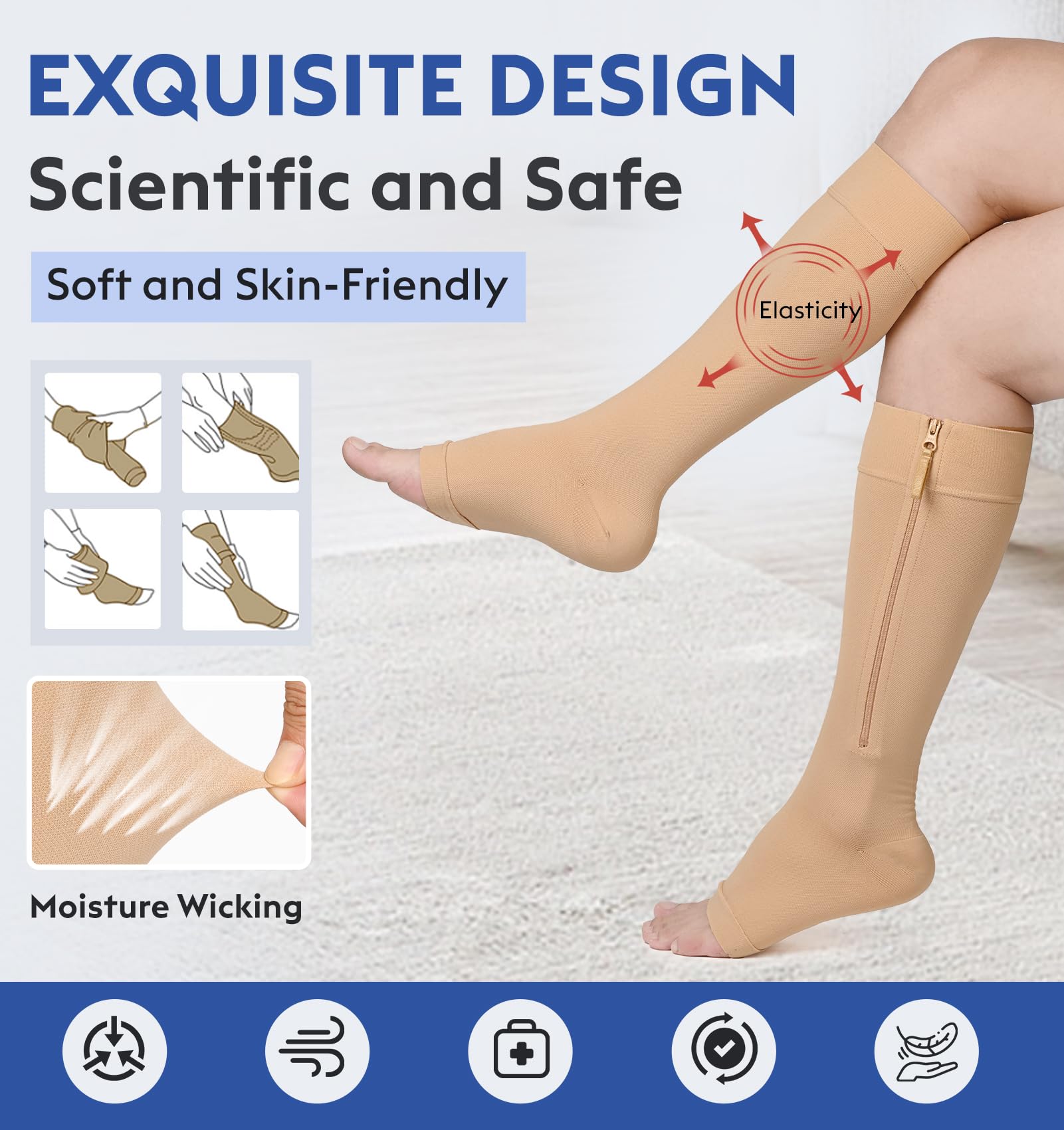 KEKING Medias de compresión médicas con cremallera, opacas, punta abierta, 2030 mmHg, calcetines de compresión graduados de rodilla y pierna alta, soporte para pantorrillas, unisex, DVT, venas
