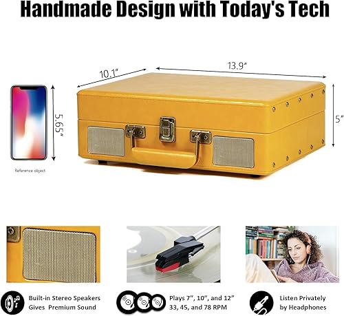 Miniatura 5 de Tocadiscos de maleta Bluetooth vintage con altavoces integrados tocadiscos portátil de 3 velocidades con grabadora de audio de vinilo USB RCA
