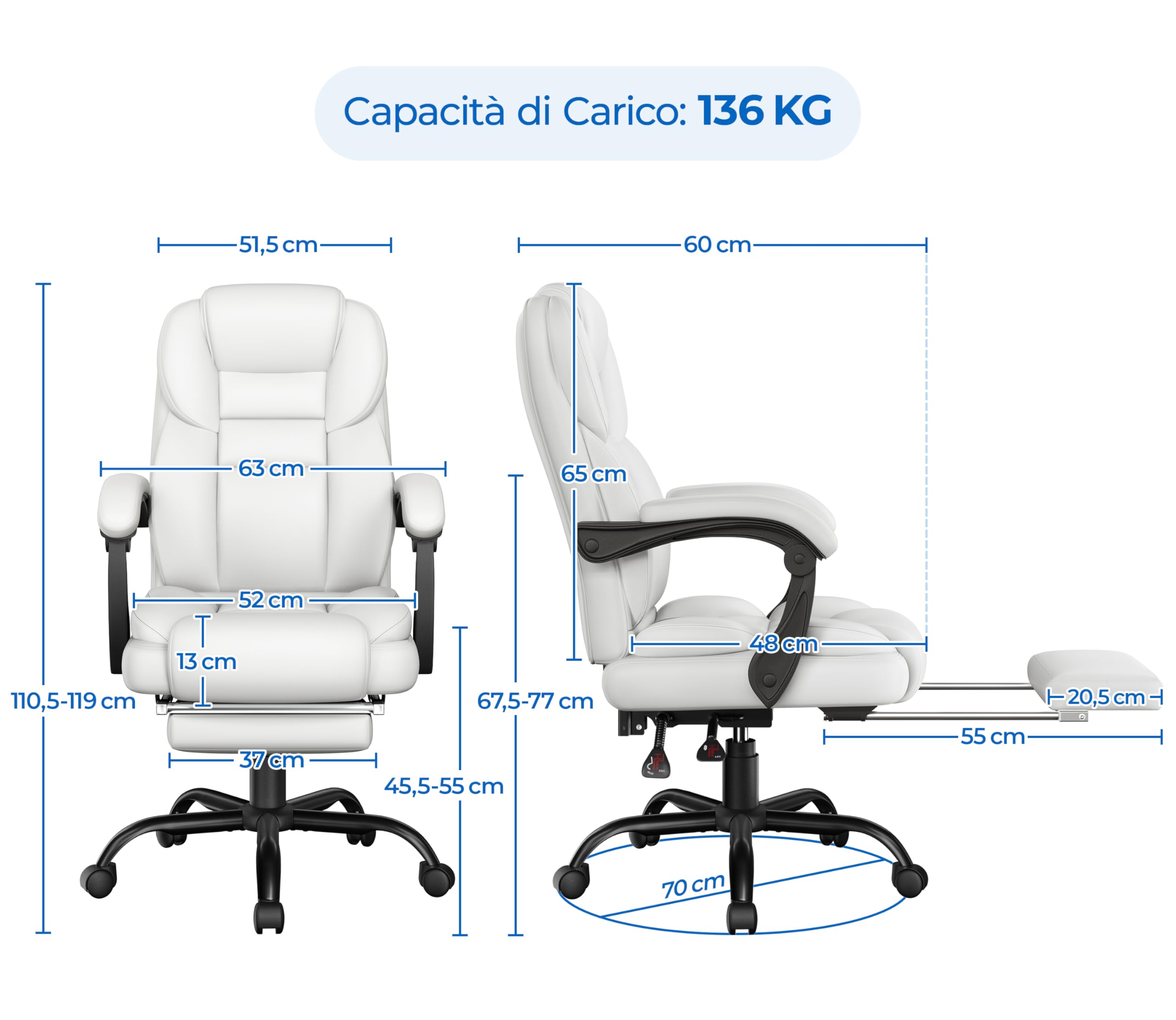 Yaheetech Poltrona Ufficio Ergonomica con Poggiapiedi Sedia da Ufficio in Finta Pelle con Schienale Reclinabile Bloccabile e Braccioli Imbottiti Rotelle Girevole Altezza Regolabile Bianco | Bianco, Poltrona Ufficio Ergonomica Finta Pelle con Poggiapiedi,