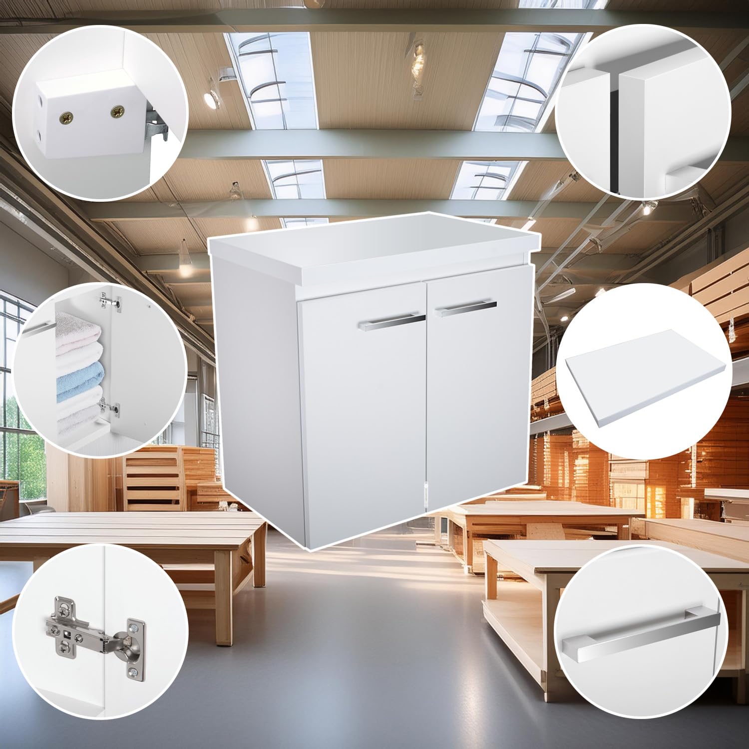 Armario de baño con accesorio Bilbao Top (ancho x profundidad x alto) 61,5 x 40 x 58 cm, armario para lavabo, armario inferior con encimera, armario bajo lavabo blanco
