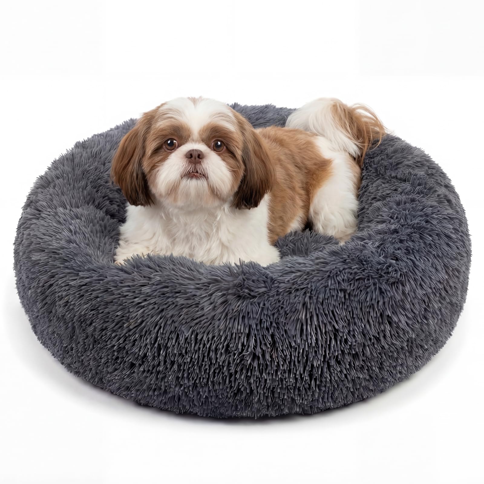 Calming Donut Dogs Beds for Small Dogs Washable,23inch Plush Round Pet Bed for Cozy Sleep,Fluffy Faux Fur Large Cat Bed,Fits up to 25 lbs Pets,Dark Grey