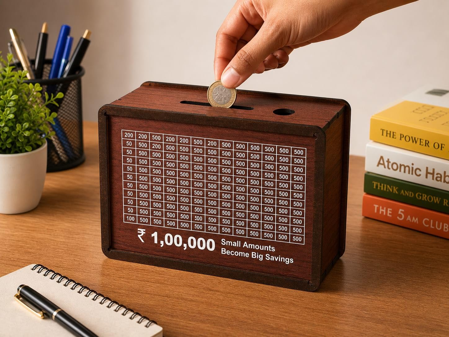 Money Saving Box for Kids and Adults (6 * 8) Inches | Wooden Money Bank with Lock | Big Size Piggy Bank 2 Lakh Target | 1 Lakh Saving Box with Numbers | Undiyal Hundi Pig-image-3